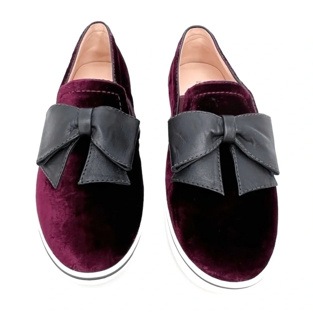 Kate Spade Sneakers Delise Velvet Size 7.5 Wine w/Black Faux Leather Bow New